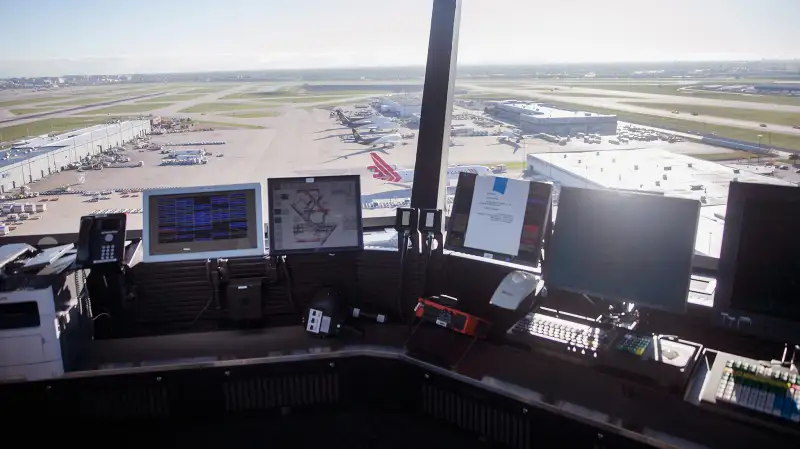 Computers sit on the counter at O'Hare's new Satellite South air traffic control tower on October 14, 2015 in Chicago, Illinois. The 209-foot tower manages air traffic for O'Hare's new 10R/28L runway.