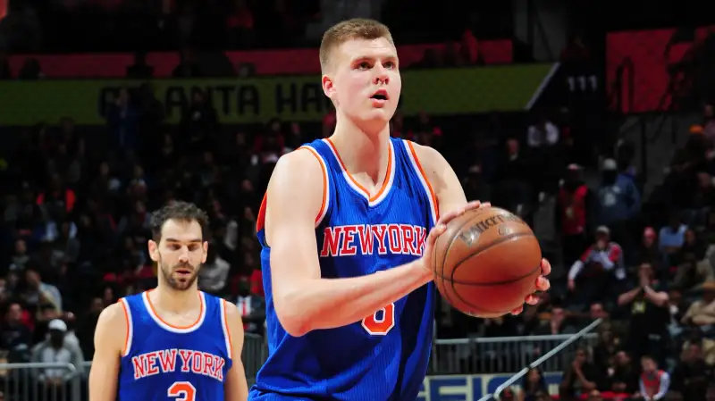 Kristaps Porzingis #6 of the New York Knicks shoots against the Atlanta Hawks during the game on January 5, 2016 at Philips Arena in Atlanta, Georgia.