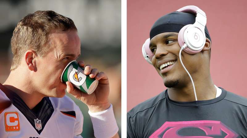 (Left) Peyton Manning #18 of the Denver Broncos drinks Gatorade on the sidelines during their victory over the Oakland Raiders at O.co Coliseum on December 29, 2013 in Oakland, California. (right) Carolina Panthers quarterback Cam Newton before an NFL football game against the Tampa Bay Buccaneers October 4, 2015, in Tampa, Florida.