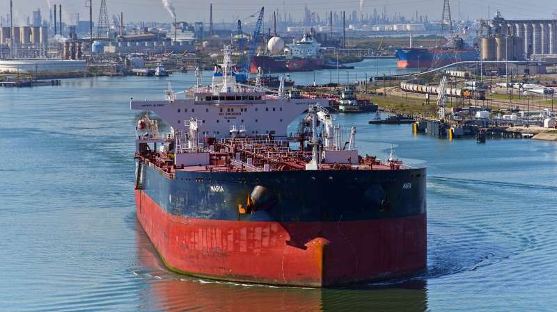 The tanker Maria sails out of the Port of Corpus Christi after discharging crude oil at the Citgo refinery in Corpus Christi, Texas, on January 7, 2016.