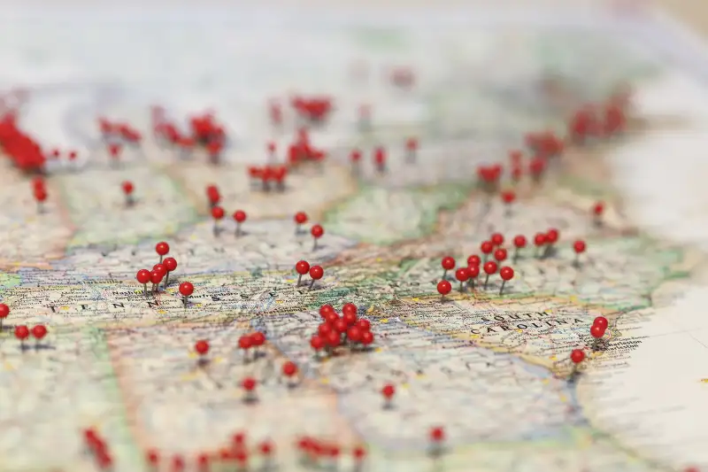 red pins on map