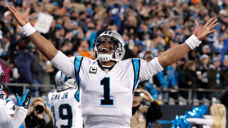 Carolina Panthers quarterback Cam Newton (1) celebrates after a touchdown against the Arizona Cardinals in the NFC Championship football game at Bank of America Stadium, January 24, 2016.