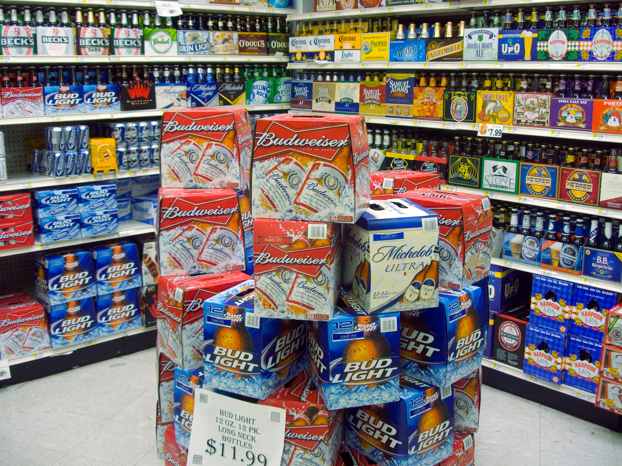 Budweiser, Bud Light and other beer in the beverage department of a supermarket in New York, February 16, 2008.