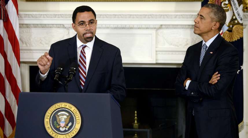 Acting Education Secretary John B. King Jr. speaking at an earlier event with President Obama.