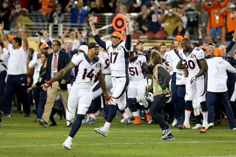Brock Osweiler #17 of the Denver Broncos celebrates after winning Super Bowl 50 at Levi's Stadium on February 7, 2016 in Santa Clara, California. The Denver Broncos defeated the Carolina Panthers 24-10.