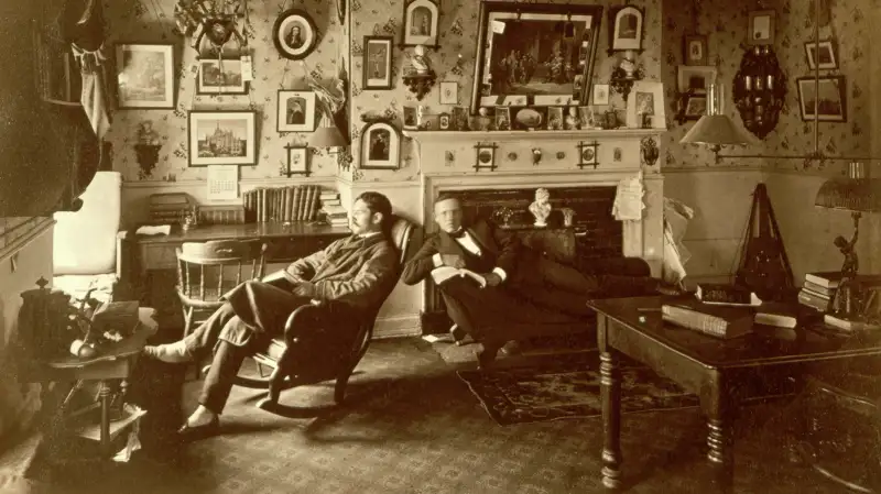 A student room in Harvard University in 1880, Massachusetts.