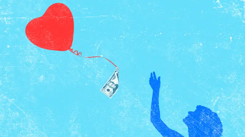 illustration of woman releasing a heart balloon with money tied to it