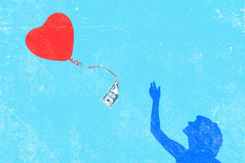 illustration of woman releasing a heart balloon with money tied to it
