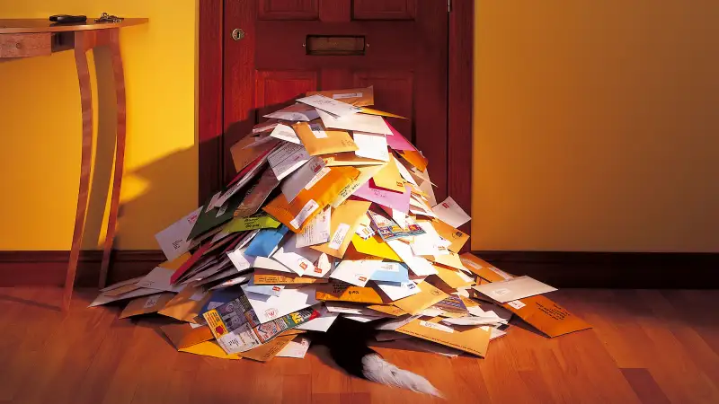 pile of junk mail inside door