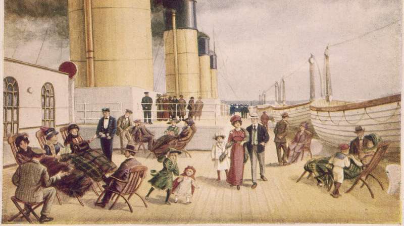 The first class deck of the White Star liner 'Titanic', circa 1912. Advertising poster.