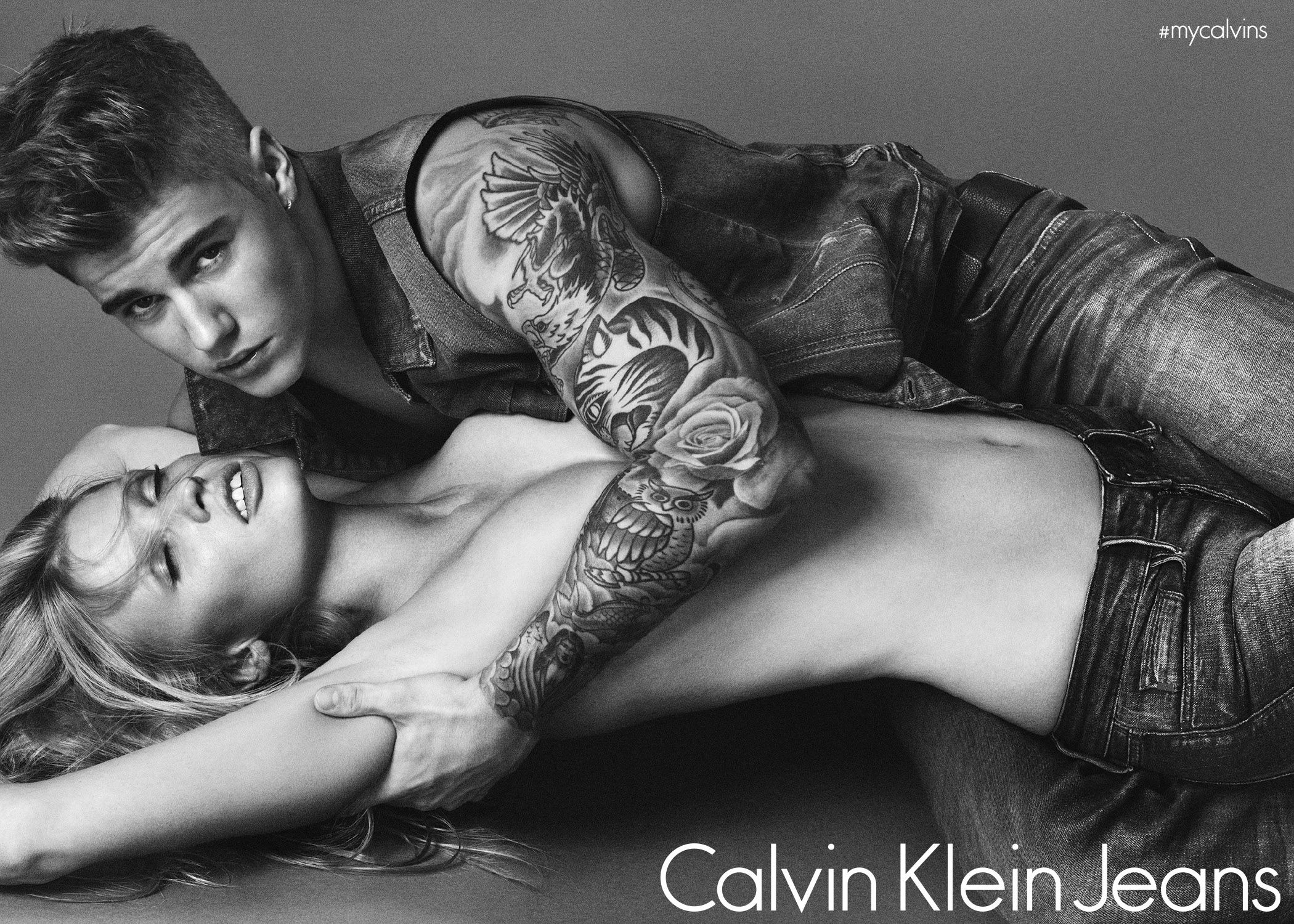 Justin Bieber features alongside Dutch supermodel Lara Stone in the Spring 2015 Calvin Klein Jeans and Calvin Klein Underwear global multi-media advertising campaign.
