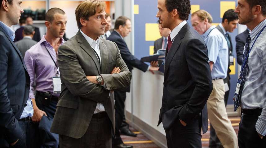 Left to right: Steve Carell plays Mark Baum and Ryan Gosling plays Jared Vennett in THE BIG SHORT from Paramount Pictures and Regency Enterprises
