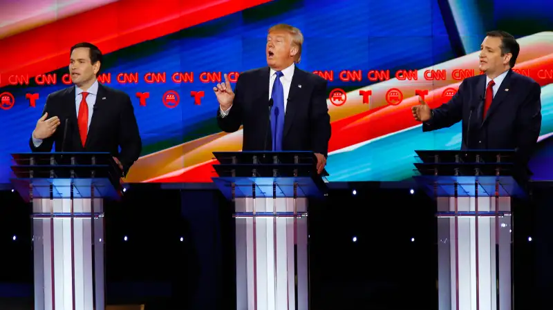 Republican U.S. presidential candidates (L-R) U.S. Senator Marco Rubio, Donald Trump and Senator Ted Cruz speak at the debate sponsored by CNN for the 2016 Republican U.S. presidential candidates in Houston, Texas, February 25, 2016.