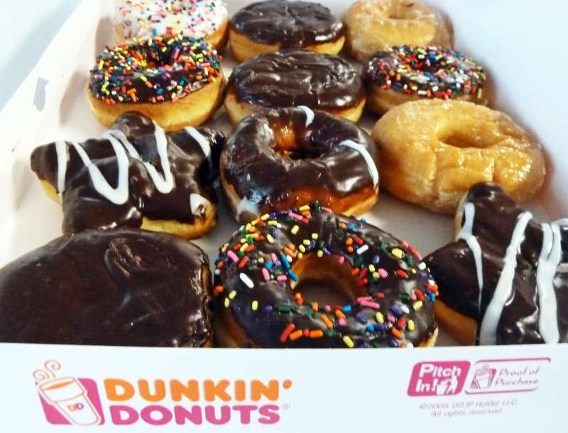 An assortment of Dunkin' Donuts seen in a paper box in Washington, DC June 5, 2015.