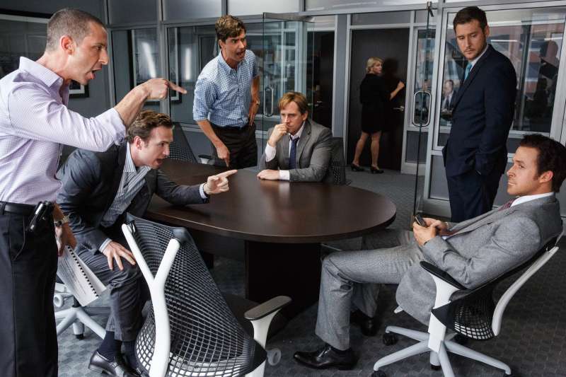 Left to right: Jeremy Strong plays Vinny Peters, Rafe Spall plays Danny Moses, Hamish Linklater plays Porter Collins, Steve Carell plays Mark Baum, Jeffry Griffin plays Chris and Ryan Gosling plays Jared Vennett in The Big Short from Paramount Pictures and Regency Enterprises