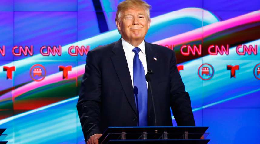 Republican U.S. Presidential candidate Donald Trump participates in the debate sponsored by CNN for the 2016 Republican U.S. presidential candidates in Houston, Texas, February 25, 2016.
