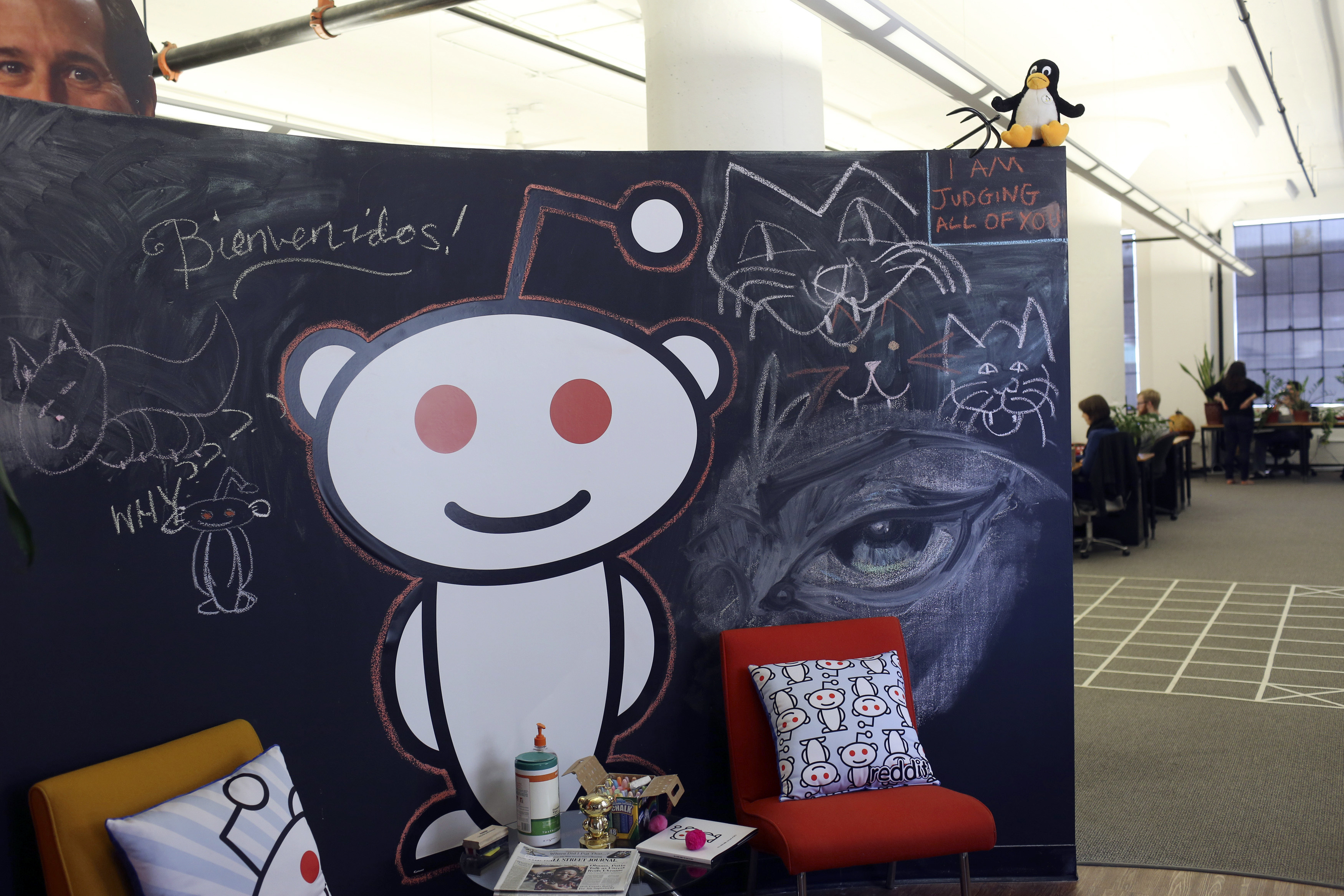 A Reddit mascot is shown at the company's headquarters in San Francisco, California April 15, 2014. Reddit, a website with a retro-'90s look and space-alien mascot that tracks everything from online news to celebrity Q&As, is going after more eyeballs, and advertising, by allowing members of its passionate community to post their own news more quickly and easily.