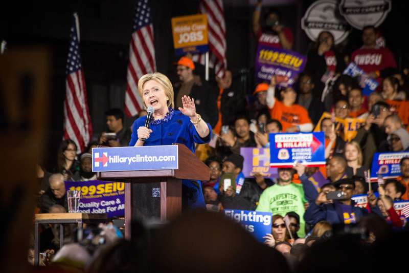 Democratic presidential candidate Hillary Clinton rallies supporters in Manhattan after a string of primary victories on Super Tuesday at the Jacob K. Javits Convention Center, March 2, 2016.