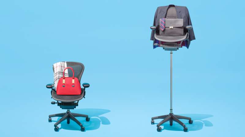 women's accessories in a chair three times shorter than office chair with men's accessories