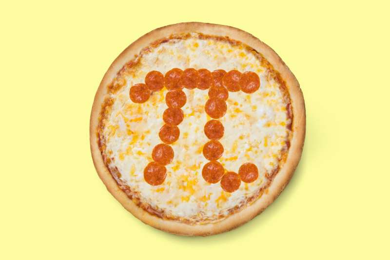 pizza with  pi  symbol drawn in slices of pepperoni