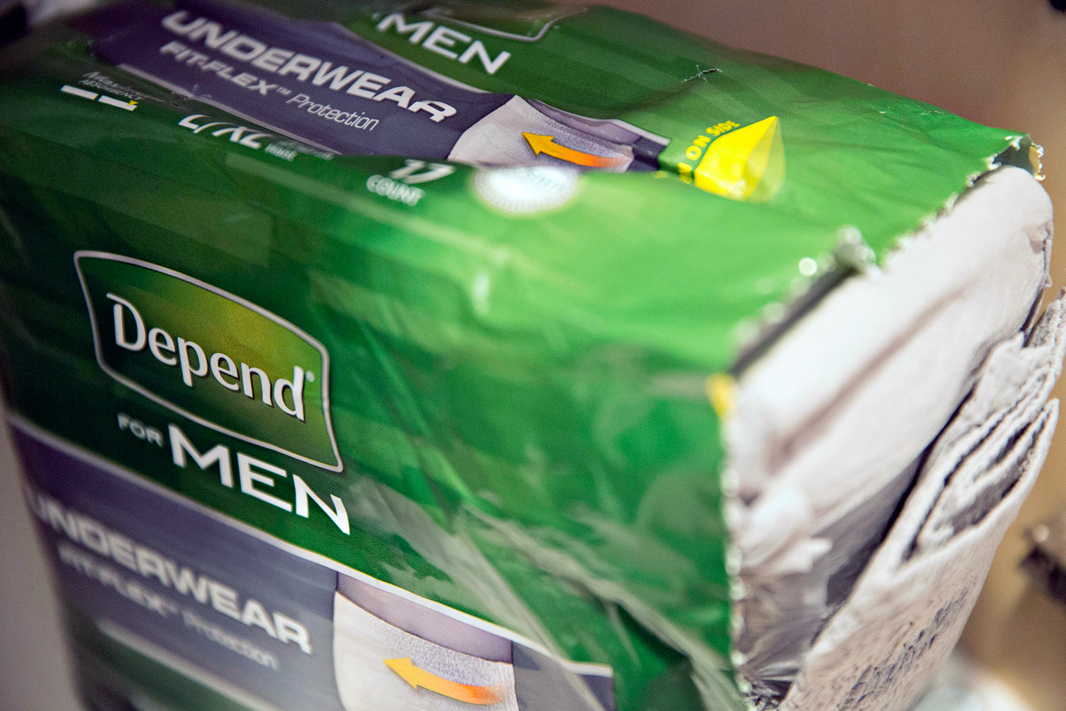 Kimberly-Clark Corp. Depend brand adult diapers are arranged for a photograph in Tiskilwa, Illinois, U.S., on Friday, Oct. 16, 2015. Kimberly-Clark is scheduled to report earnings figures on October 21.