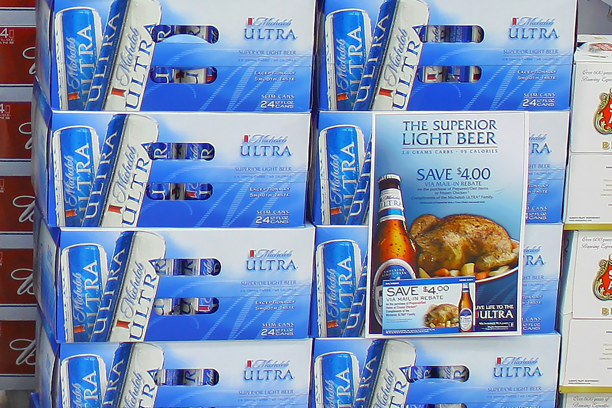 A stacked pallet of Michelob Beer, Michelob is a 5% abv pale lager developed by Adolphus Busch in 1896 as a draught beer for connoisseurs. Brewed by Anheuser-Busch