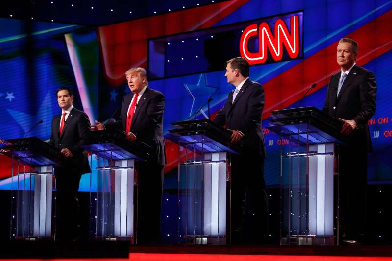 The four remaining Republican primary candidates Marco Rubio, Donald Trump, Ted Cruz, and John Kasich take part in a debate at the University of Miami on March 10, 2016, hosted by CNN and the Washington Times.