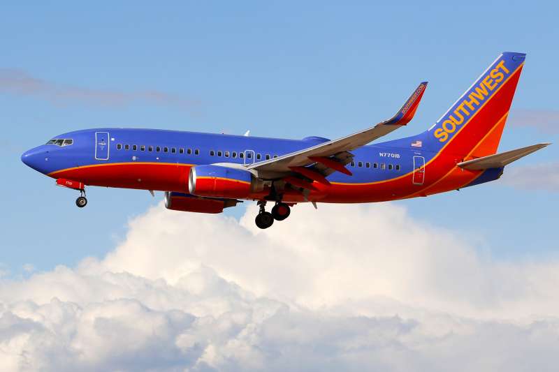 A Boeing 737 (737-700) jetliner, belonging to Southwest Airlines, lands at McCarran International Airport in Las Vegas, Nevada on March 3, 2015.