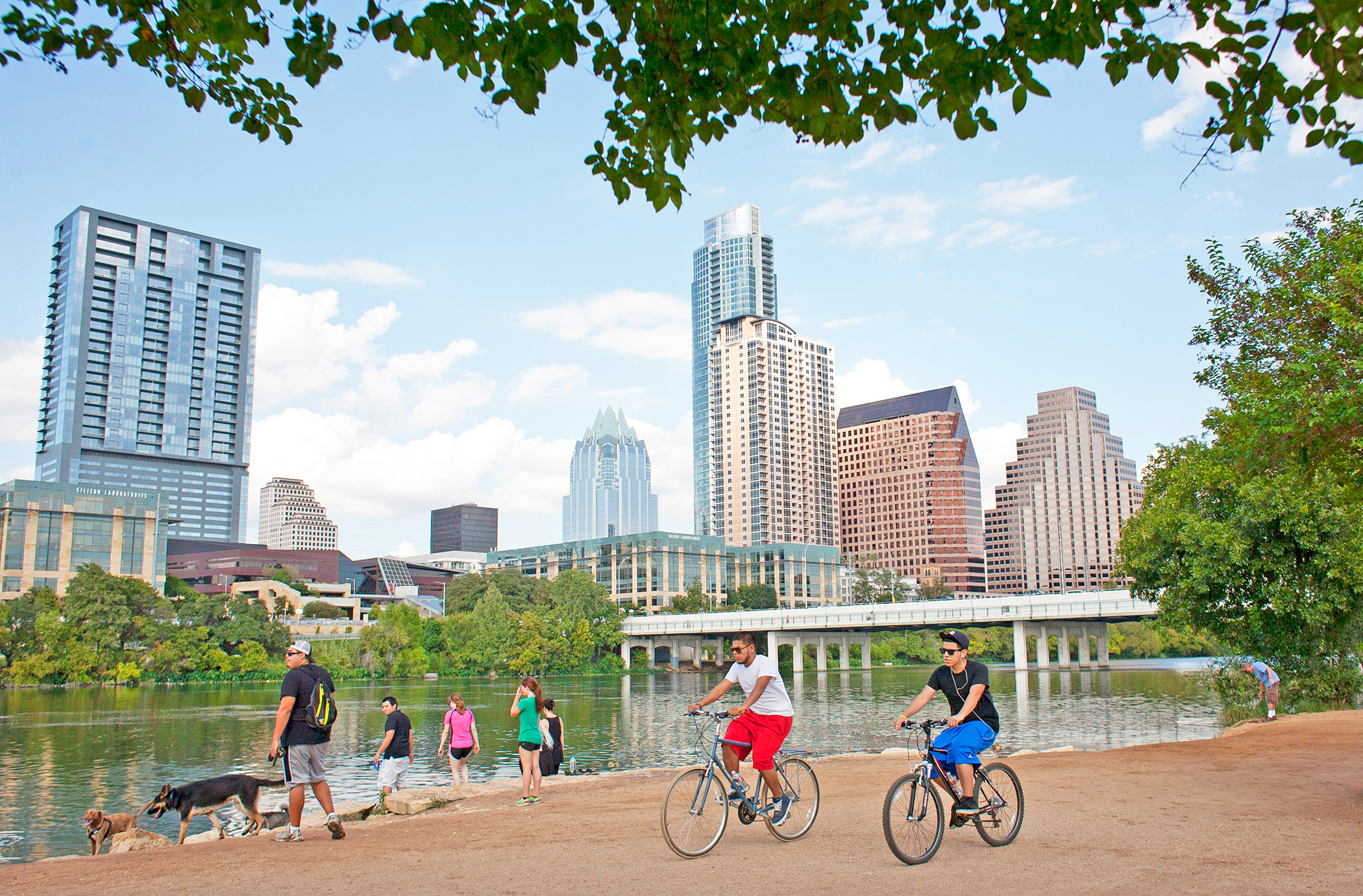 The view of the skyline from across Lady Bird Lake