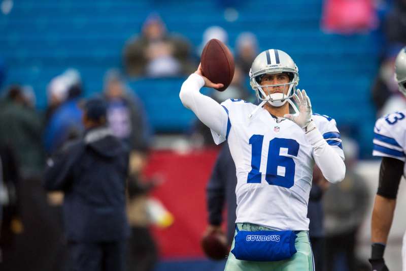 Matt Cassel #16 of the Dallas Cowboys warms up before the game against the Buffalo Bills on December 27, 2015 at Ralph Wilson Stadium in Orchard Park, New York. Buffalo defeated Dallas 16-6.