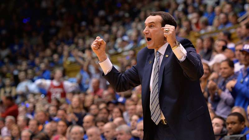 Head coach Mike Krzyzewski of the Duke Blue Devils directs his team during their game against the North Carolina State Wolfpack at Cameron Indoor Stadium on February 6, 2016 in Durham, North Carolina. Duke won 88-80.