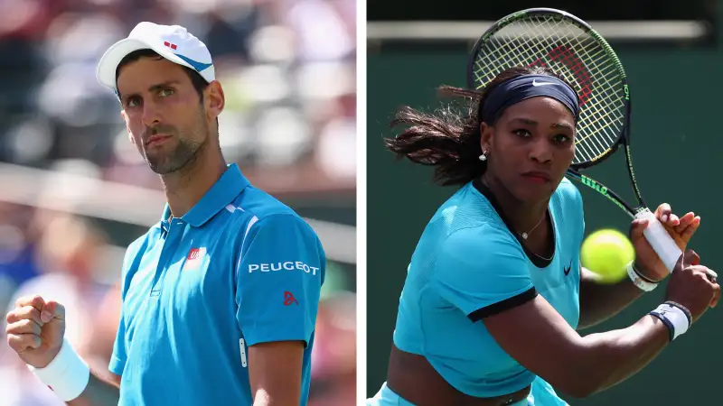 Novak Djokovic of Serbia (left) and Serena Williams of USA (right) at the BNP Paribas Open at Indian Wells Tennis Garden on March 19, 2016 in Indian Wells, California.