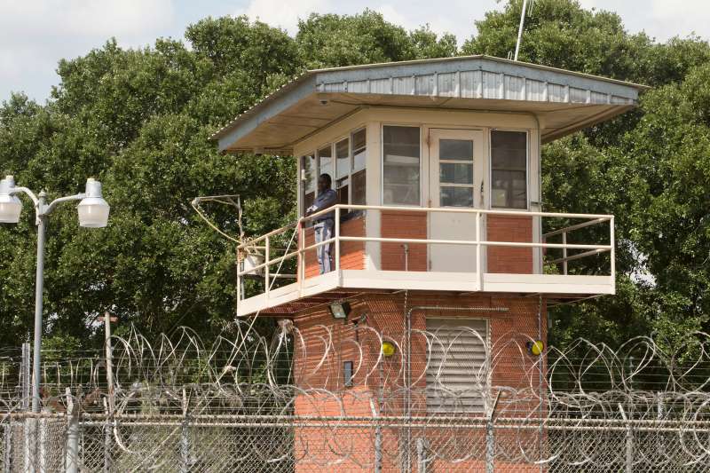 Prison guard at security lookout tower at Darrington Unit Prison near Houston, Texas, August 2014.