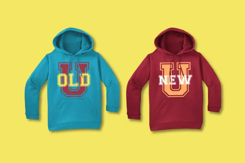 two college sweatshirts U. OLD and U. NEW
