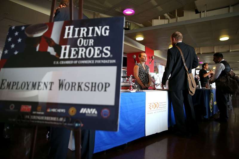 Job seekers meet with recruiters during the Hiring Our Heroes Job Fair at AT&T Park on August 25, 2015 in San Francisco, California. Hundreds of veterans attended the Hiring Our Heroes Job Fair that was hosted by the U.S. Chamber Foundation and the San Francisco Giants. More than 115 employers were on hand to recruit veterans seeking jobs.