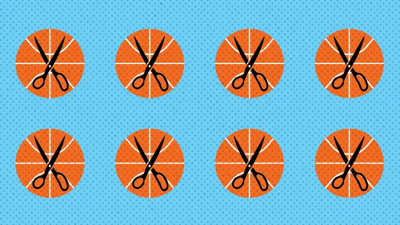 basketball with scissors tiled over blue background