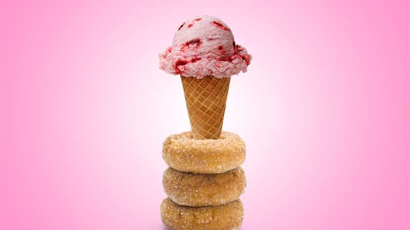 ice cream cone in stack of donuts