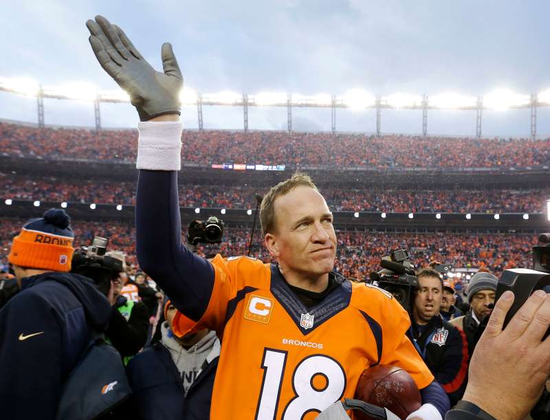 Denver Broncos quarterback Peyton Manning waves to spectators following the AFC Championship game between the Denver Broncos and the New England Patriots, in Denver CO on Jan. 24, 2016.