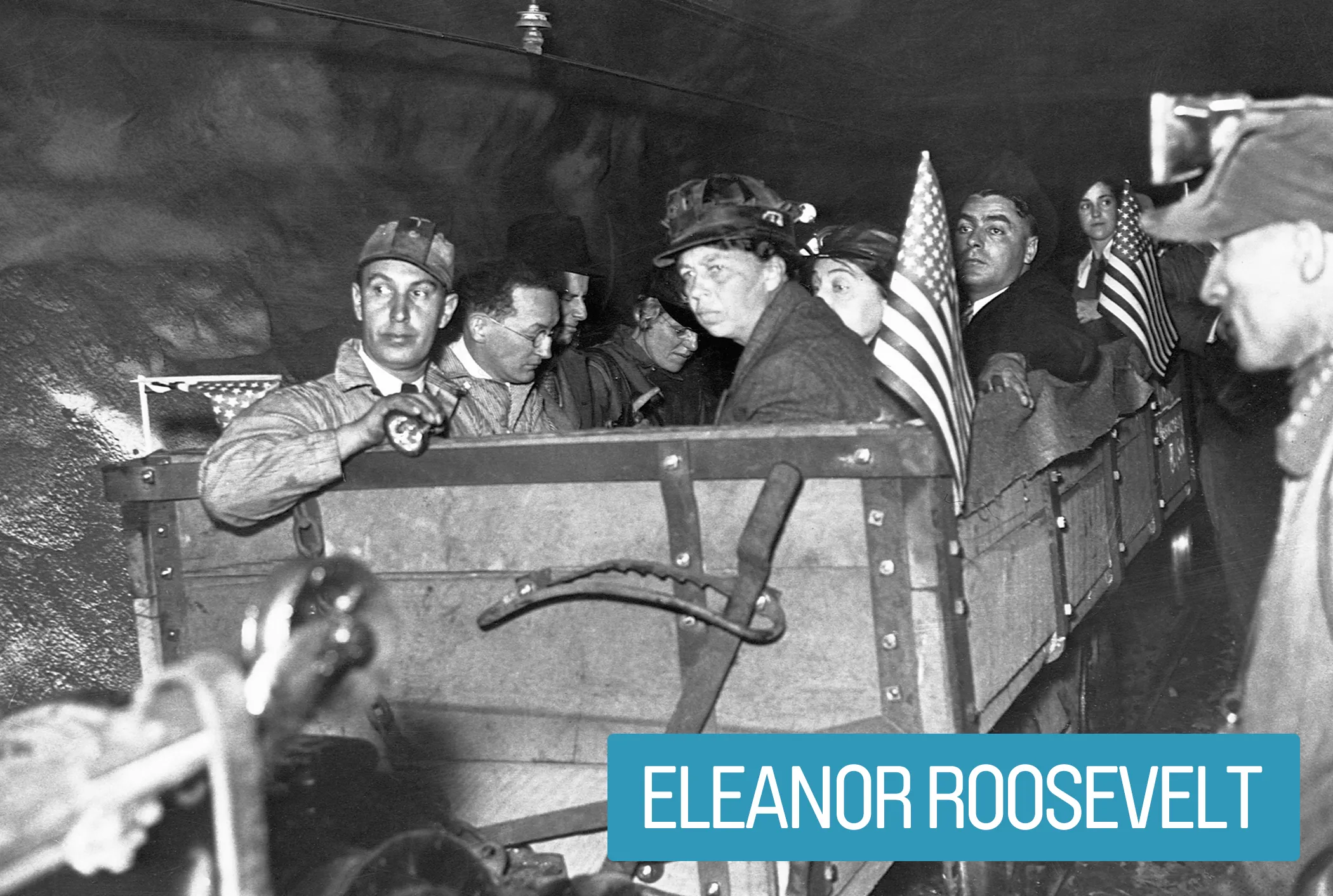 Eleanor Roosevelt inspected social and economic reform programs associated with The New Deal, ensuring their effectiveness and equal treatment for women, youths, African-Americans and coal miners.  
                                            During World War II, she rallied wives of the enlisted to work on the home front, popularizing "Rosie-the-Riveters."