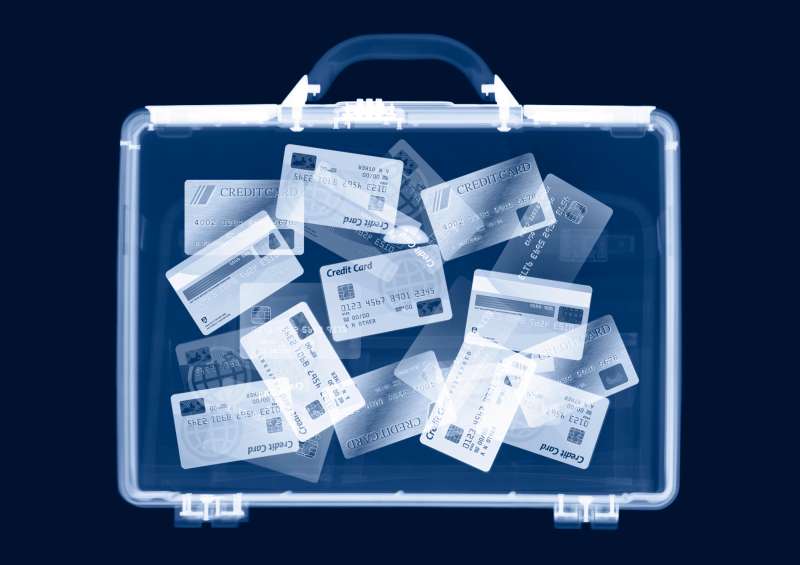 X-ray of briefcase filled with credit cards