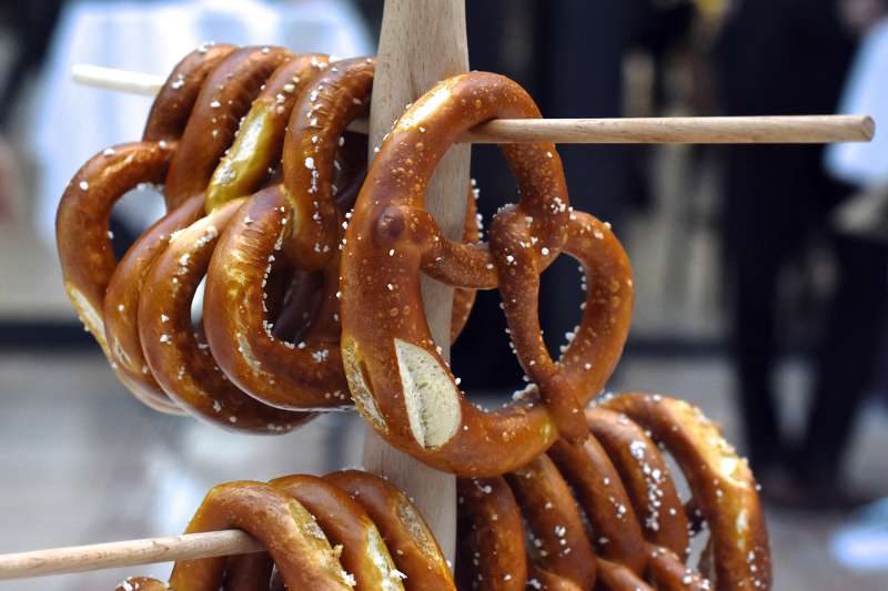 pretzels hanging in bakery