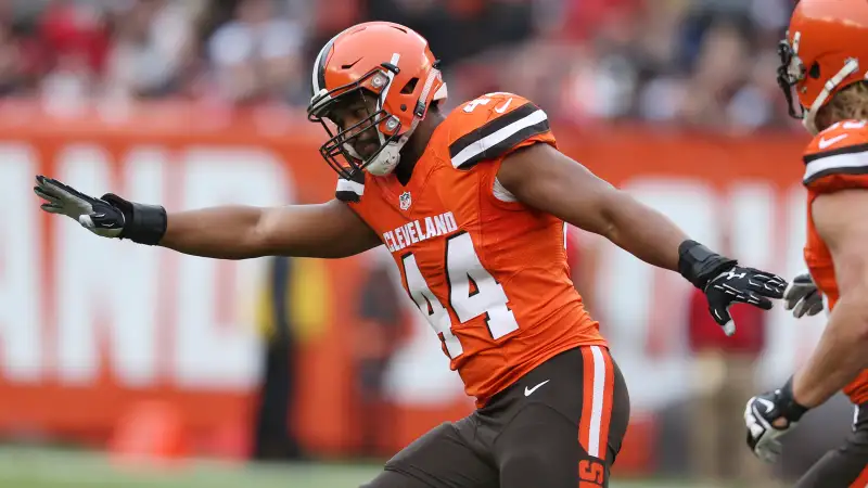 Cleveland Browns fullback Malcolm Johnson (44) celebrates after sacking San Francisco 49ers quarterback Blaine Gabbert