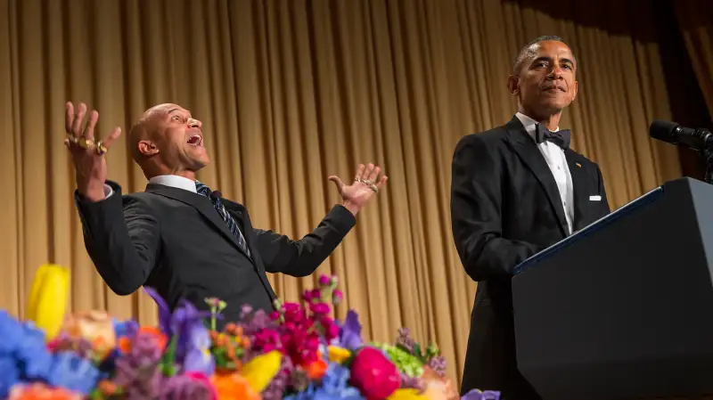 President Barack Obama, right, brings out actor Keegan-Michael Key from Key & Peele to play the part of  Luther, President Obama’s anger translator  during his remarks at the White House Correspondents' Association dinner at the Washington Hilton on April 25, 2015, in Washington.