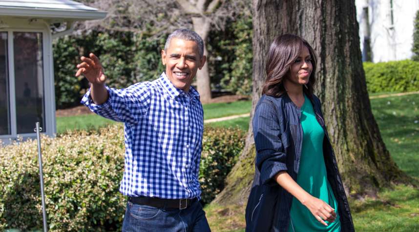 On Monday, March 28, l-r, President Barack Obama, and First Lady Michelle Obama walk around the South Lawn of the White House for the 138th Annual Easter Egg Roll, in Washington DC, on March 28, 2016. (Photo by Cheriss May/NurPhoto via Getty Images)