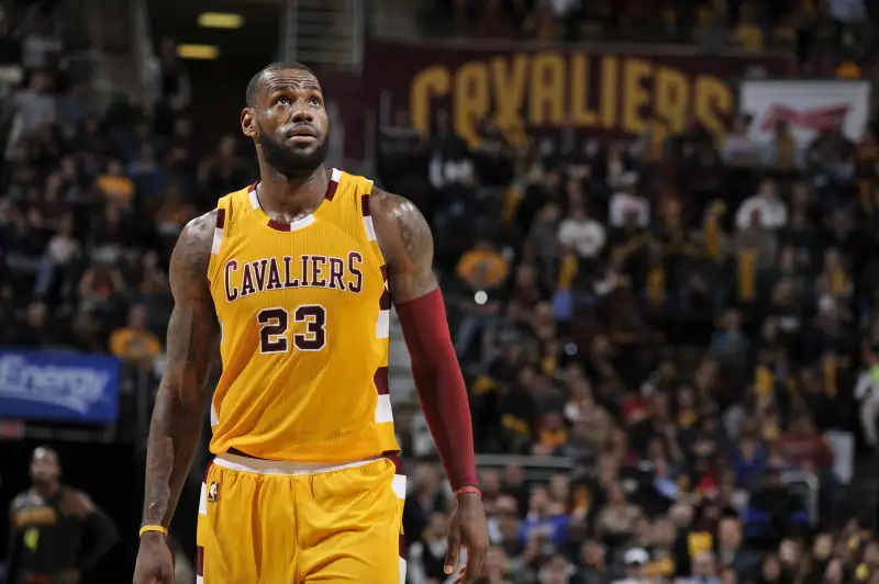 LeBron James #23 of the Cleveland Cavaliers looks on against the Atlanta Hawks.