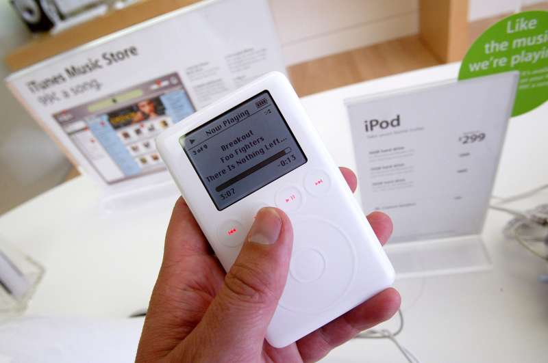 A new iPod is seen on display at Apple's new iTunes Music Store May 8, 2003 inside the Apple Store in Emeryville, California.