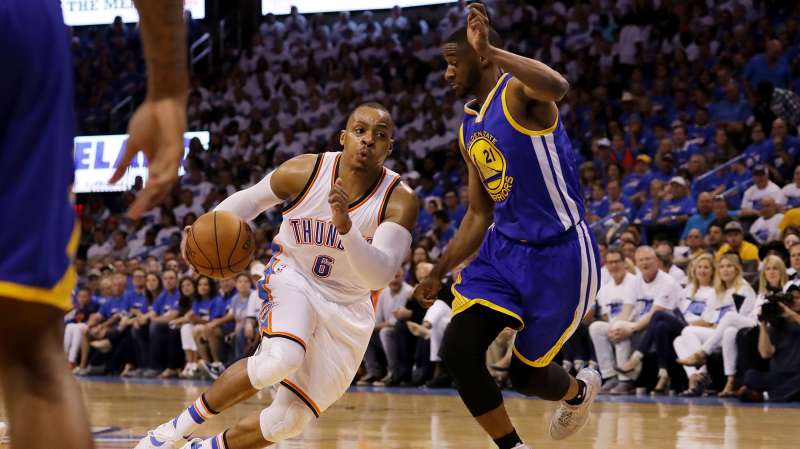 Randy Foye #6 of the Oklahoma City Thunder drives against Ian Clark #21 of the Golden State Warriors in the fourth quarter in game three of the Western Conference Finals during the 2016 NBA Playoffs at Chesapeake Energy Arena on May 22, 2016 in Oklahoma City, Oklahoma.