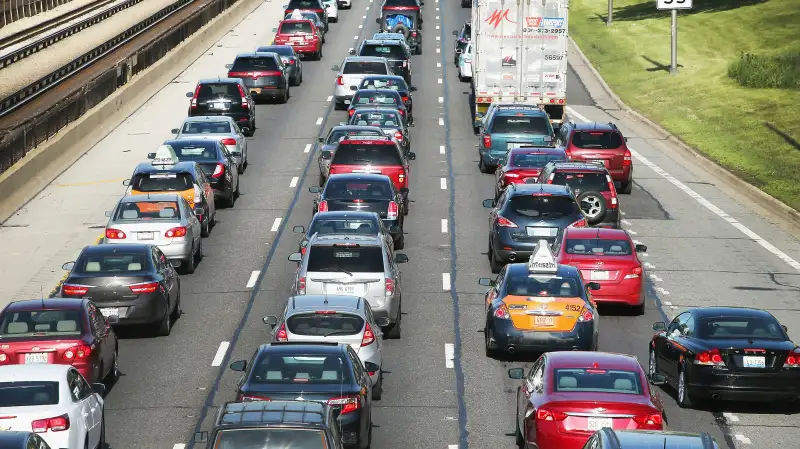 Traffic jams up on the Kennedy Expressway leaving the city for the Memorial Day weekend on May 23, 2014 in Chicago, Illinois.