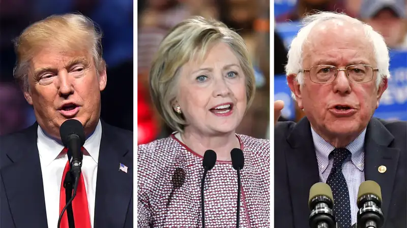 Presidential candidates Donald Trump, Hillary Clinton and Bernie Sanders