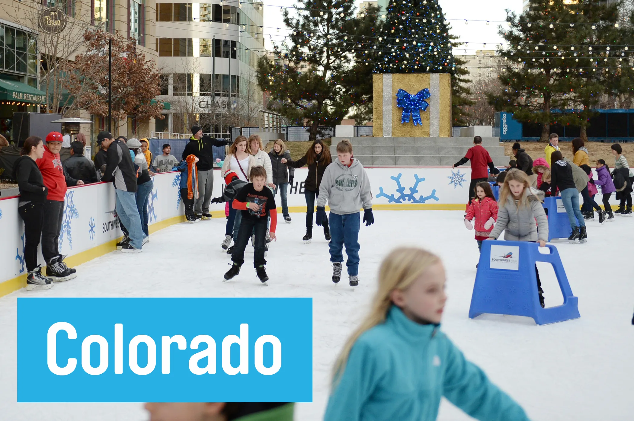 Skate under the city skyline at downtown Denver’s <a href="http://www.downtowndenver.com/category/southwest-rink-at-skyline-park" target="_blank">Southwest Rink at Skyline Park</a>. One tip: go in the evening, when twinkly lights overhead add to the romance (and people will be less likely to notice if you take a spill).